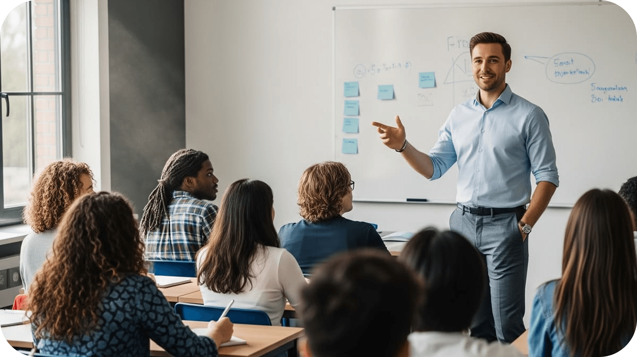 An experienced professor teaching students in a collaborative classroom