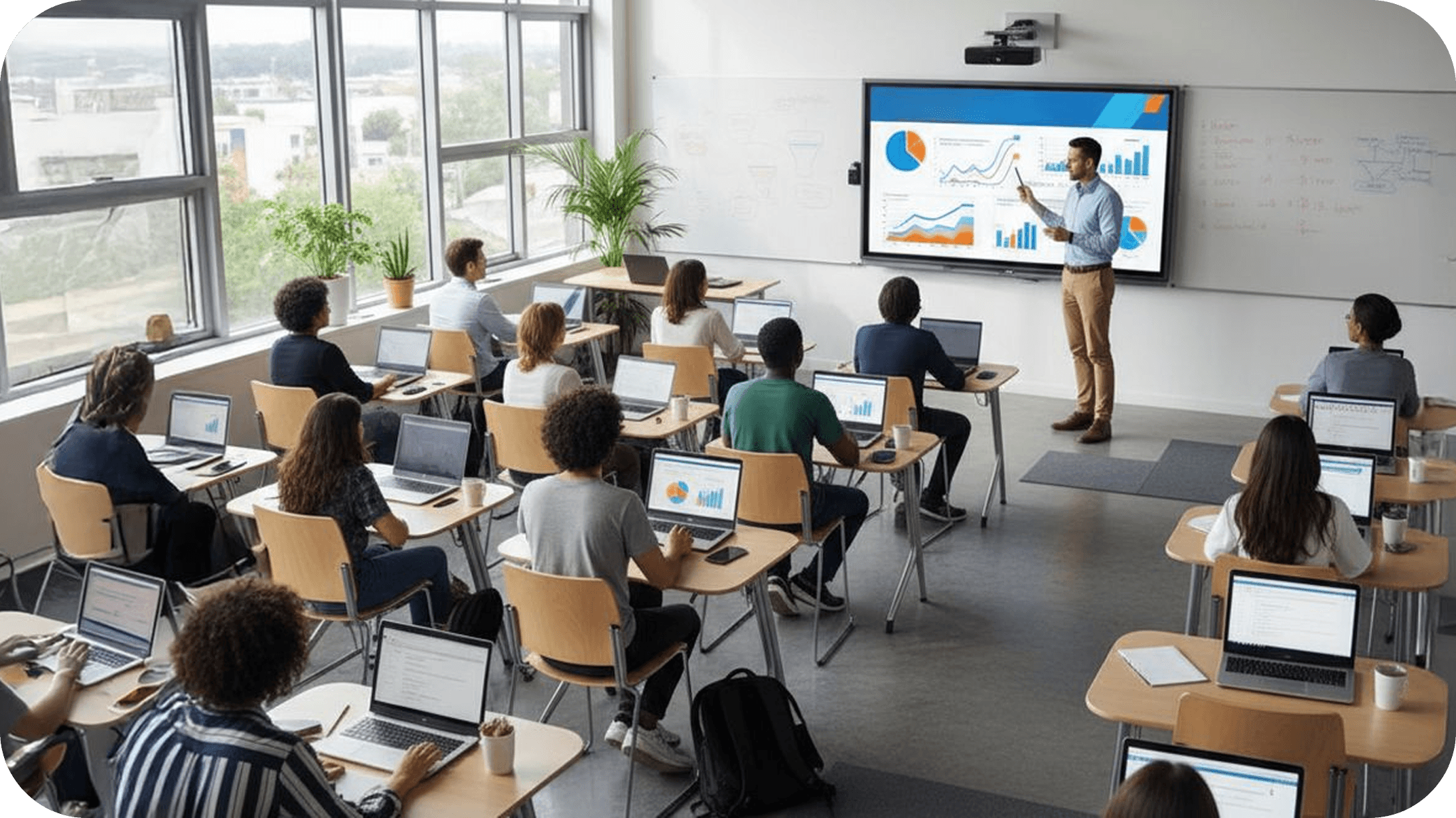 A bright modern learning space equipped with digital workstations
