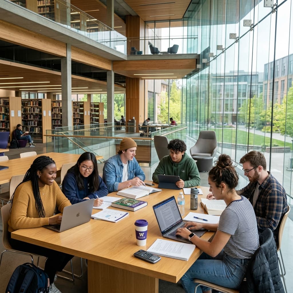 Students collaborating in the campus library